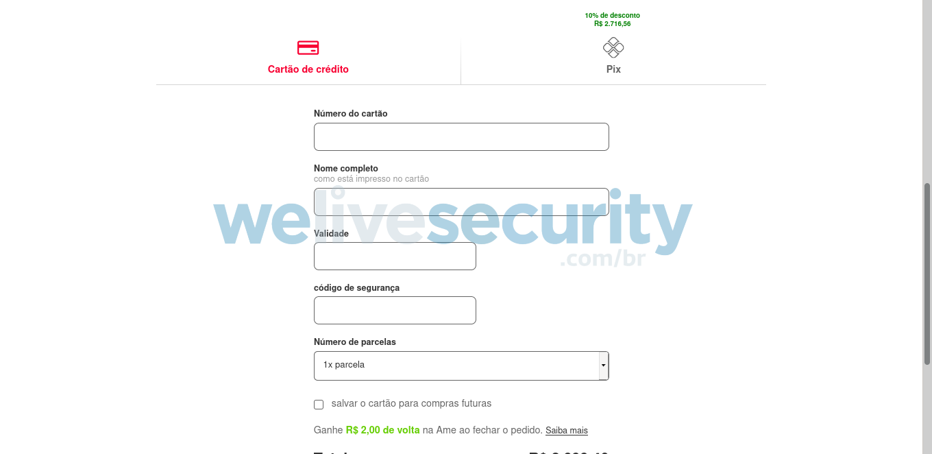 Inserção de dados de cartão de crédito para compra no site falso