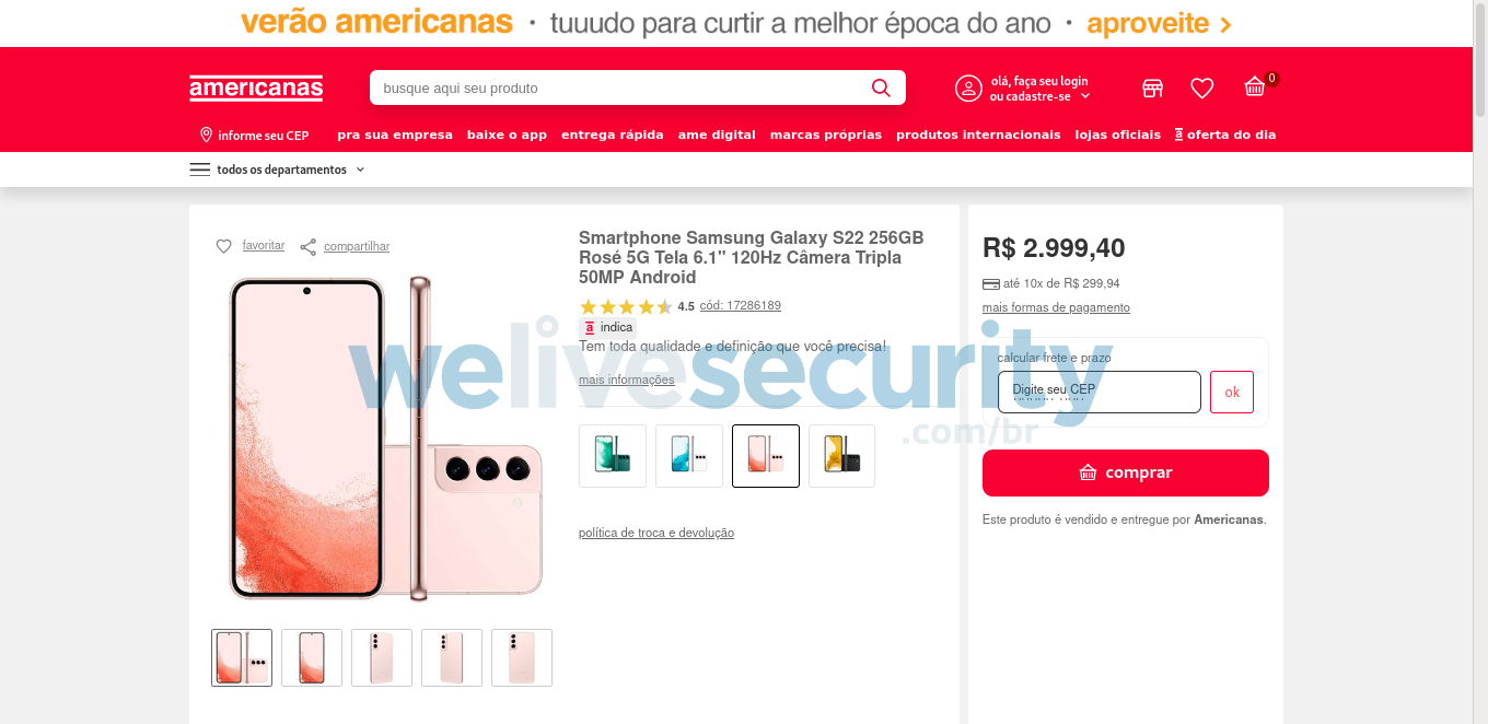 Processo de compra de um smartphone no site falso com opções de diferentes cores
