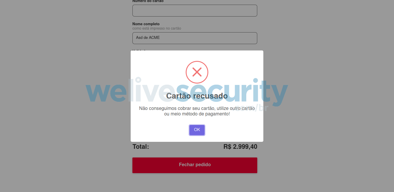 Mensagem de “cartão recusado”