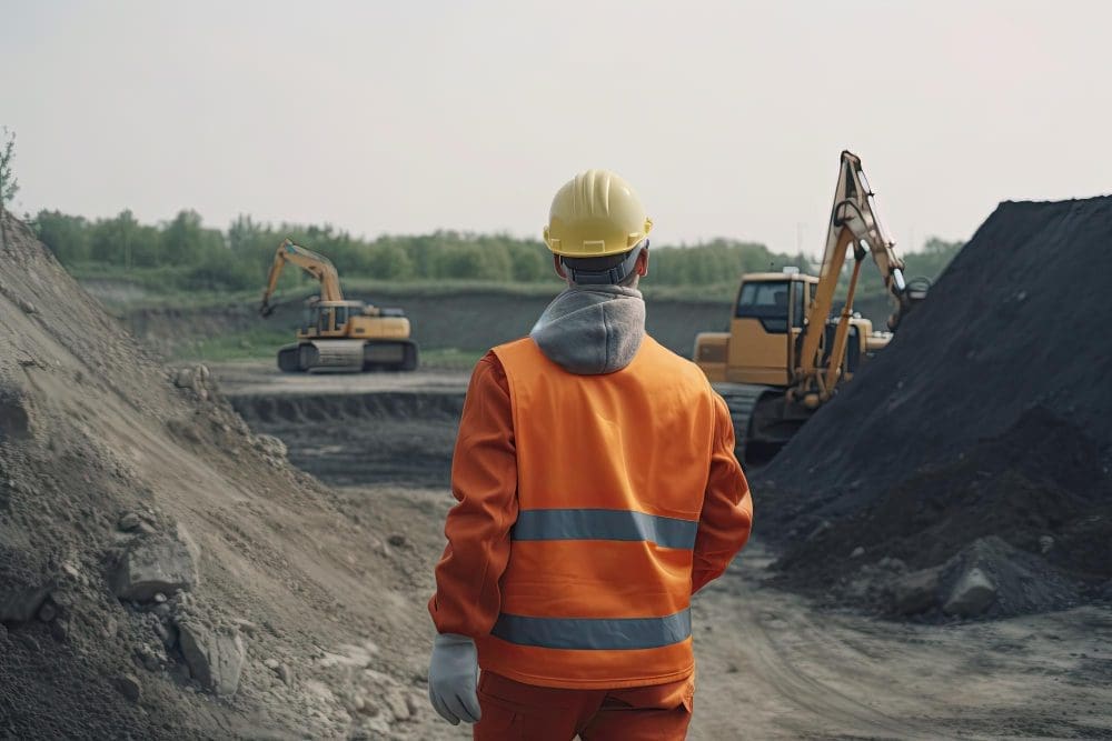 trabalhador por tras vestido com roupas de trabalho observando algumas escavadeiras no canteiro de obras ai generative