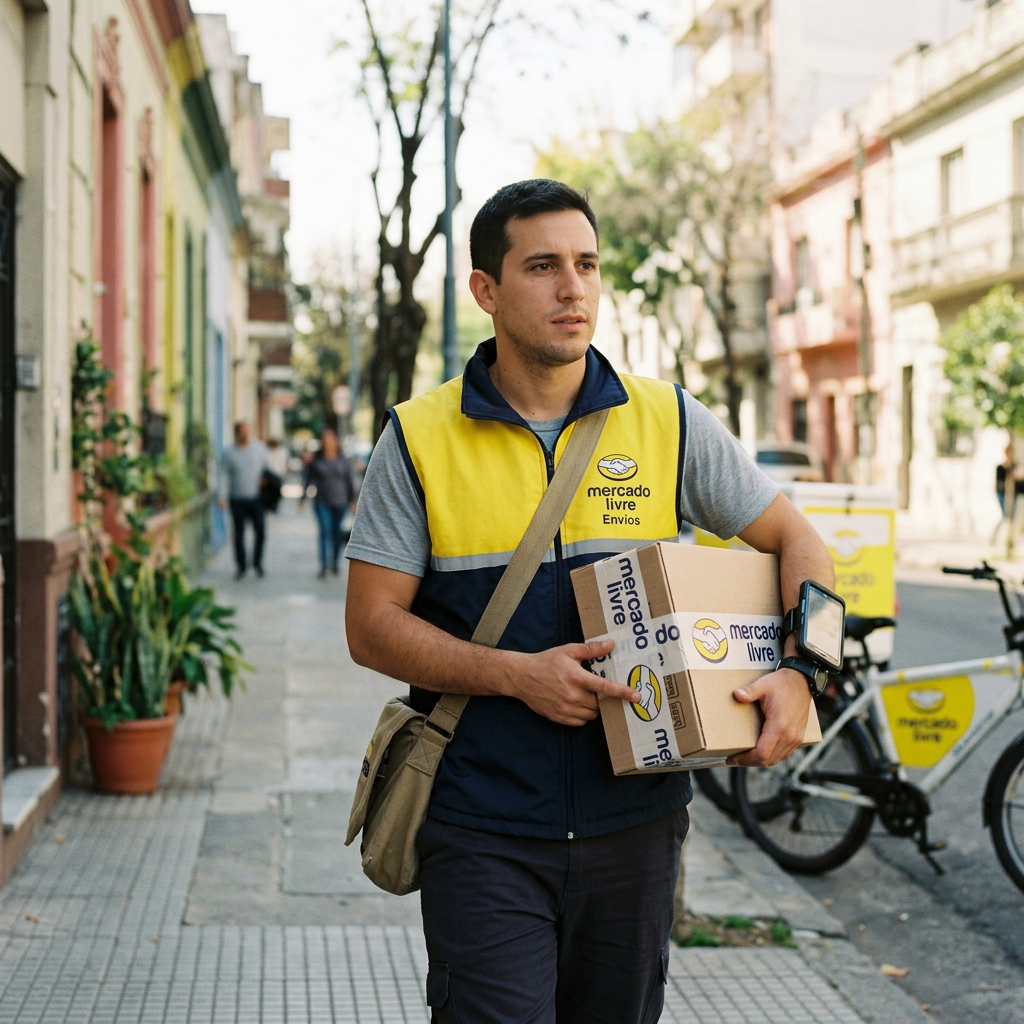 Mercado Livre delivery worker holding a branded package walking on a residential street