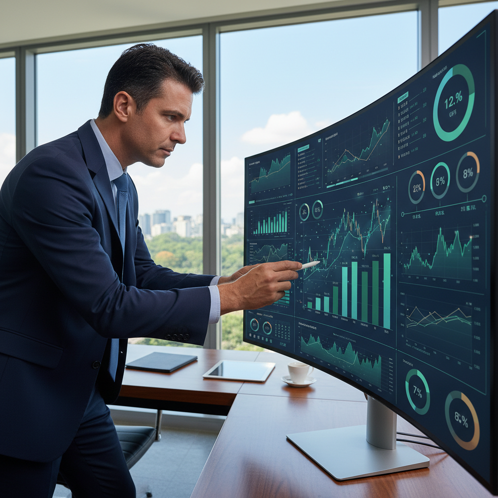 Empresário analisando indicadores financeiros e operacionais em dashboard estratégico