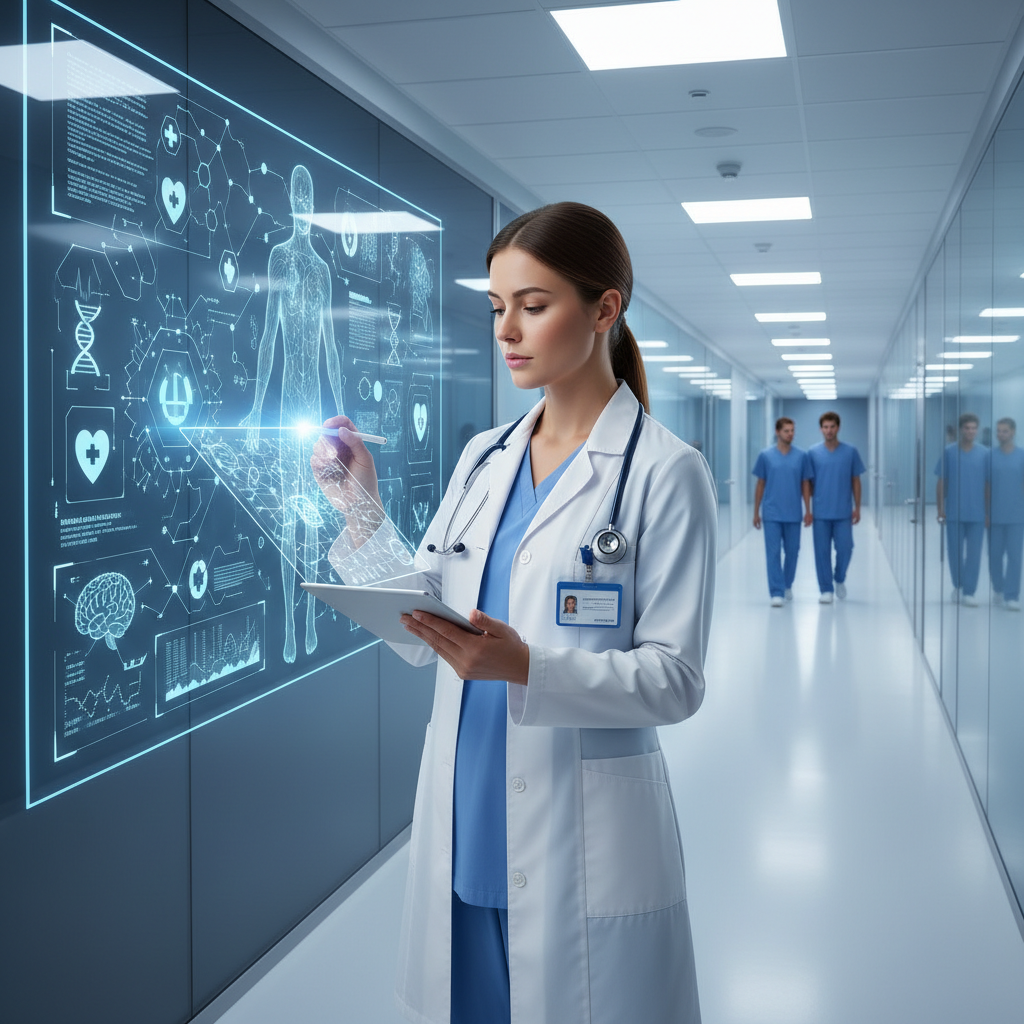 Medico usando tablet com interface de inteligencia artificial em hospital moderno