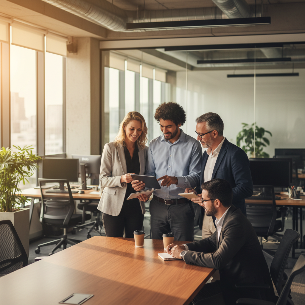 Trabalhadores em escritorio moderno representando melhora do mercado de trabalho brasileiro