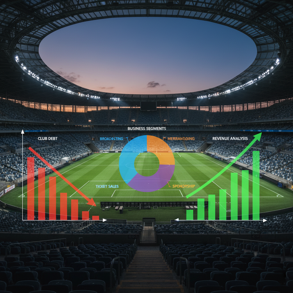 Estádio de futebol com gráficos financeiros representando dívidas dos clubes brasileiros