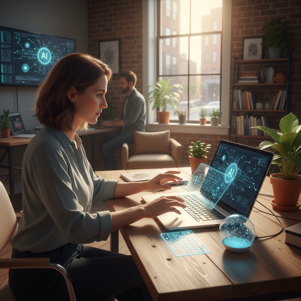 Empreendedor usando inteligência artificial no computador em pequena empresa moderna