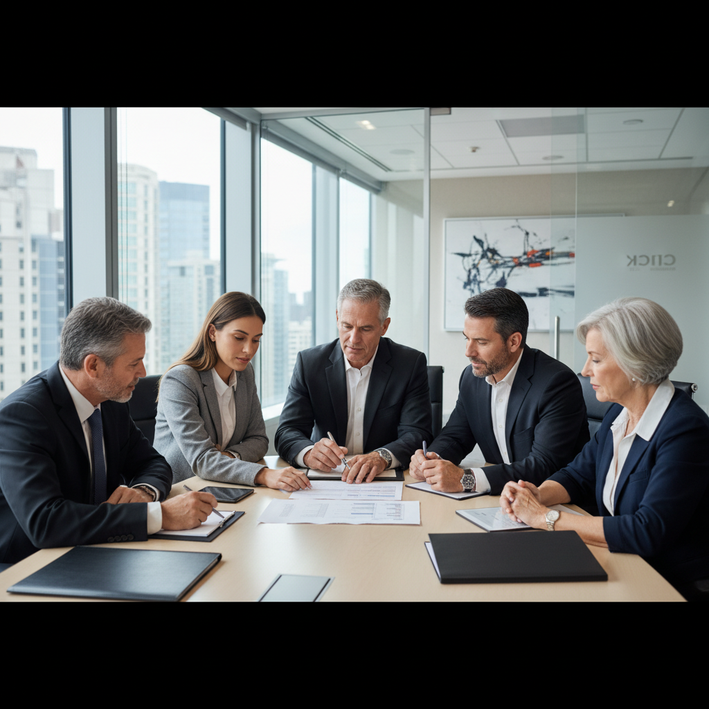 Reunião de família empresária em sala de conferência representando sucessão e gestão de empresa familiar