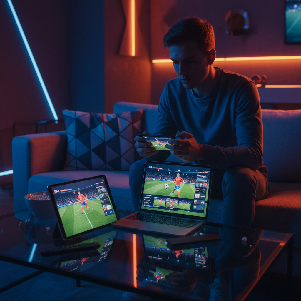 Pessoa assistindo futebol em plataformas de streaming no smartphone e notebook