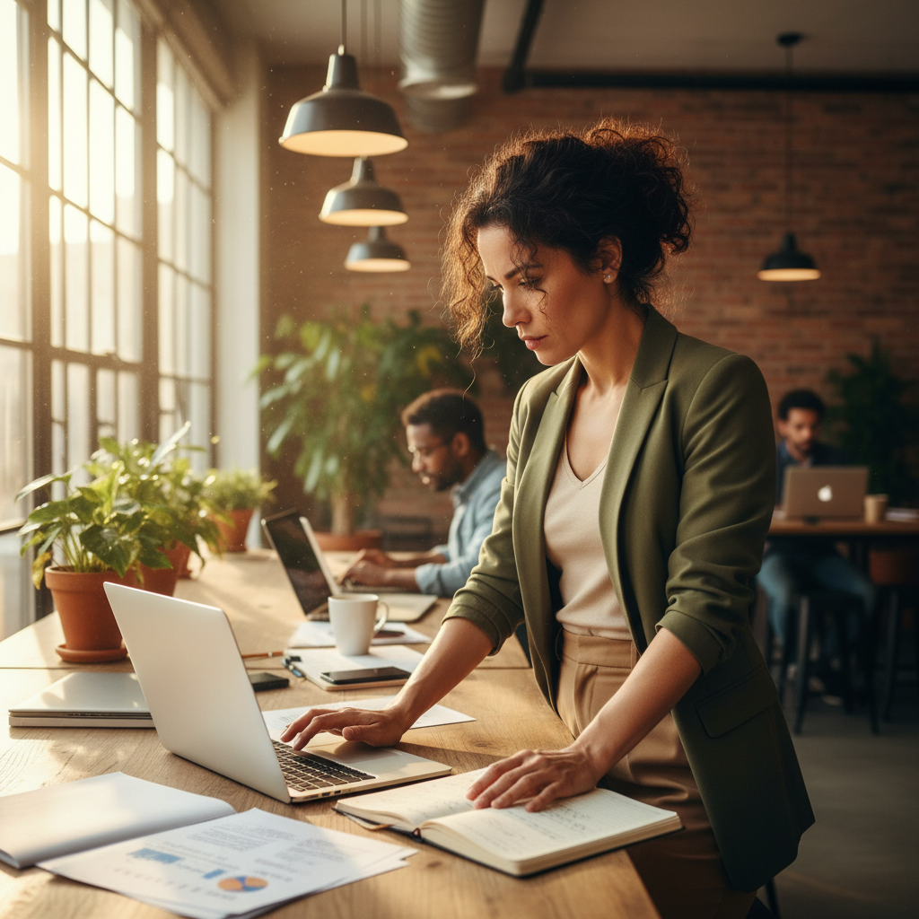Empreendedor analisando indicadores financeiros em laptop em coworking moderno