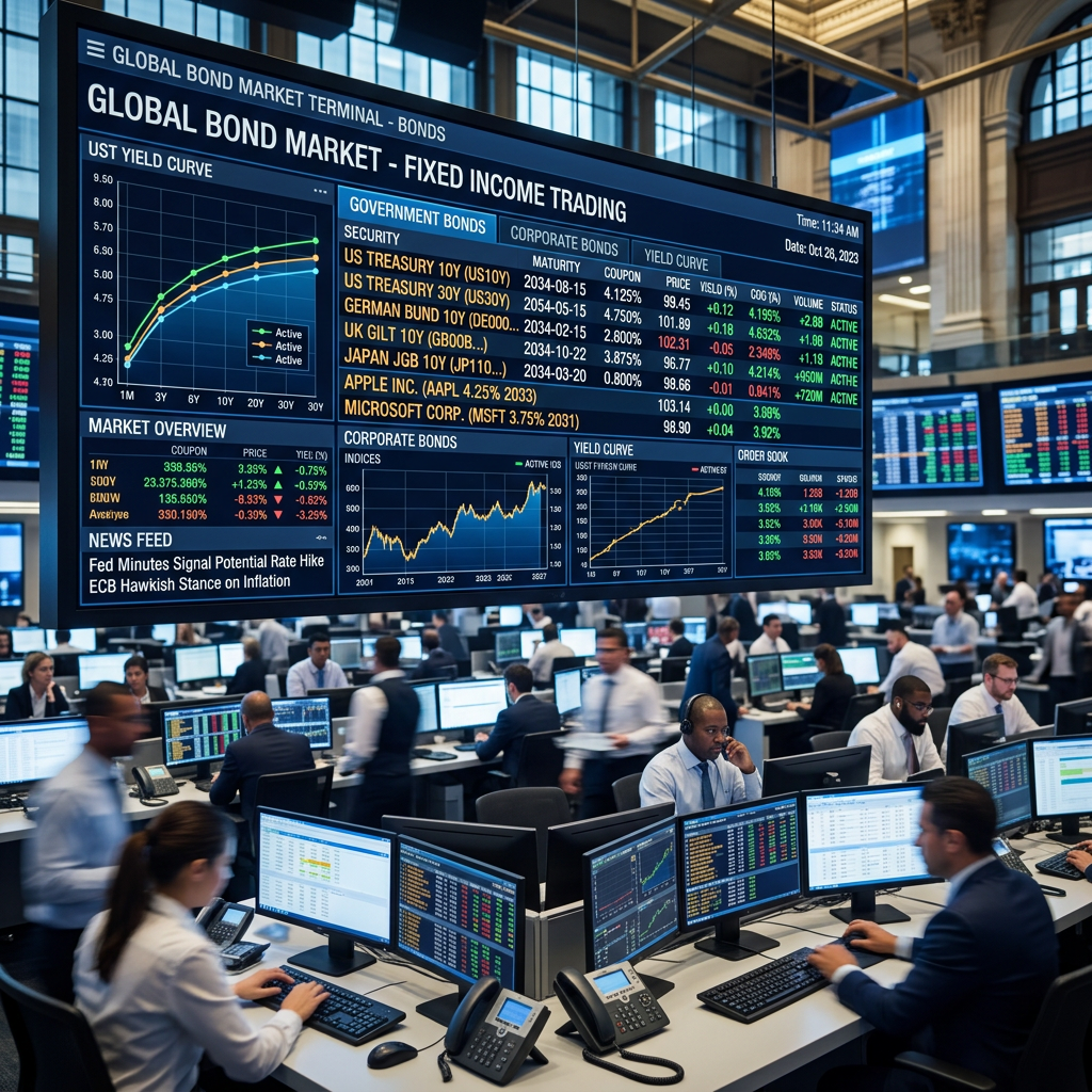 Large display showing global bond market data and traders working at computer terminals