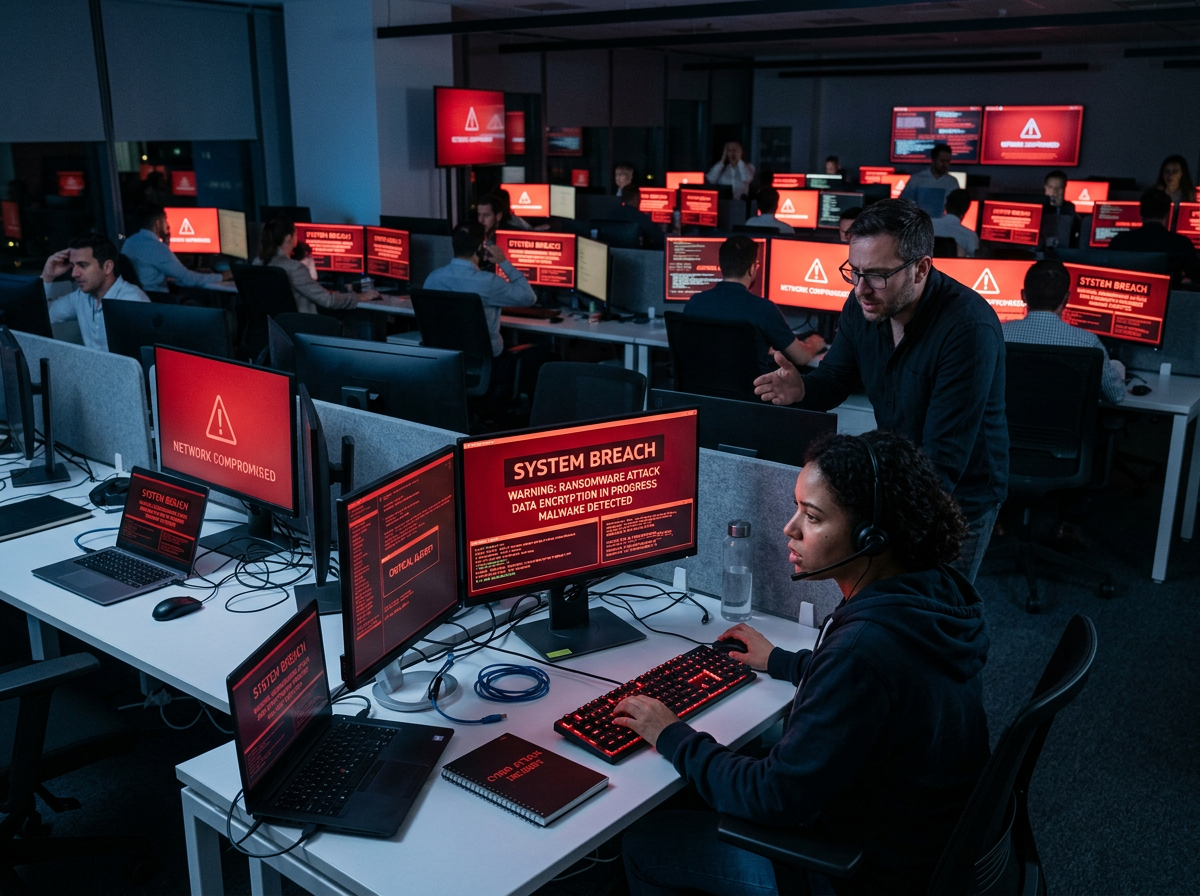 Cybersecurity analysts working on computers showing ransomware system breach warnings