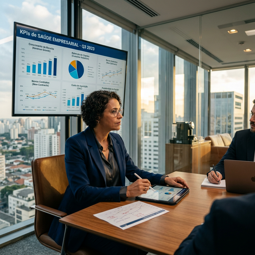 Business meeting focused on Q3 2023 KPIs with charts on screen and documents