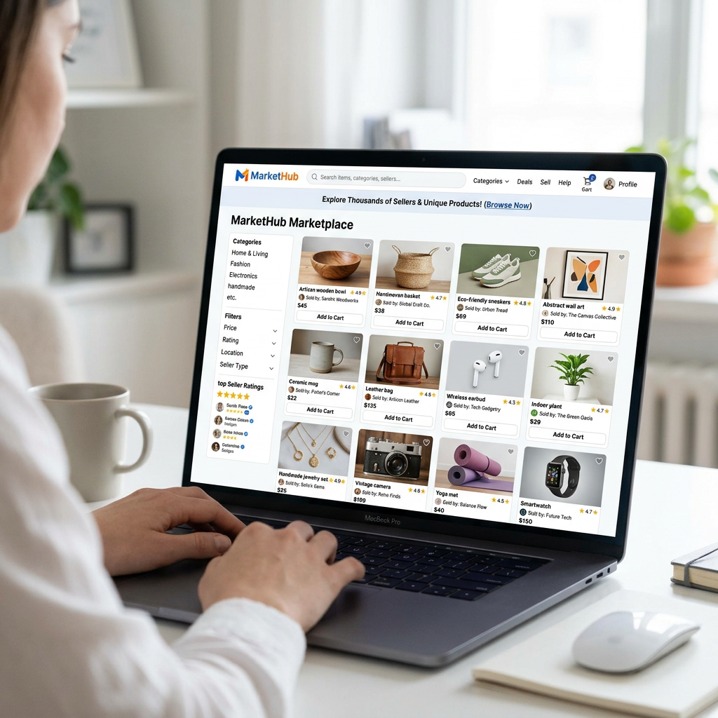 Laptop screen showing MarketHub online marketplace with product listings and categories