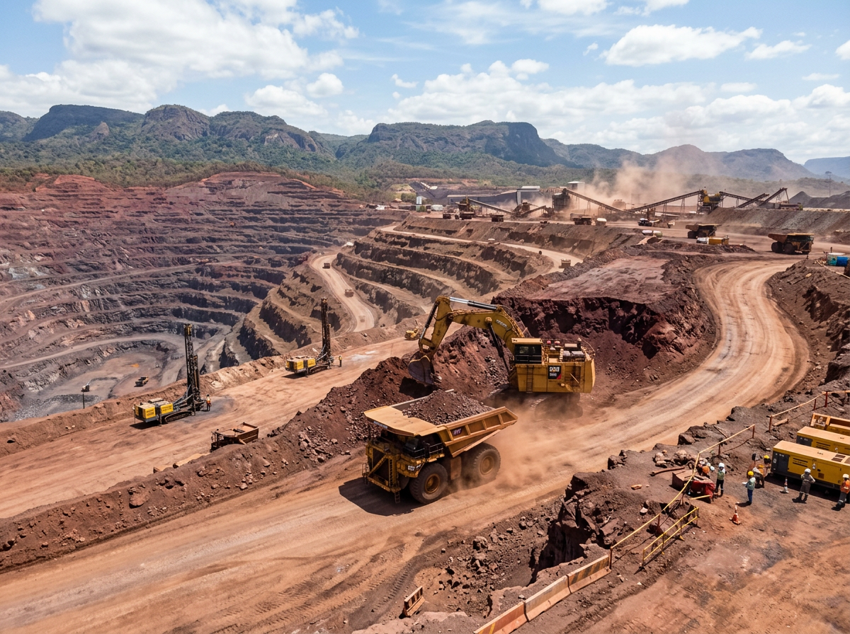 Large open-pit iron ore mine with trucks and excavators moving earth
