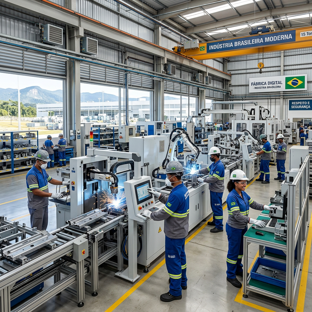 Factory floor with workers operating robotic manufacturing machines and conveyor systems in a Brazilian industrial setting