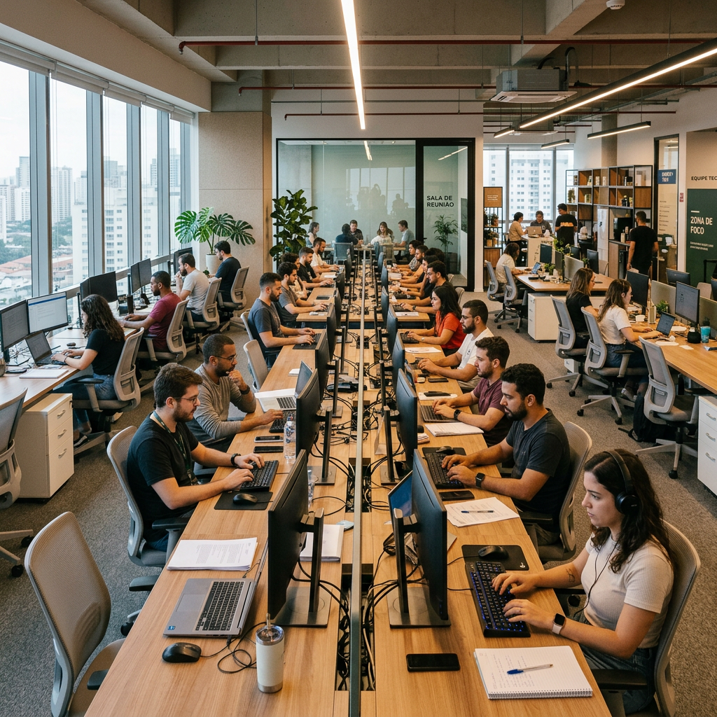 People working at desks with computers in a modern open office