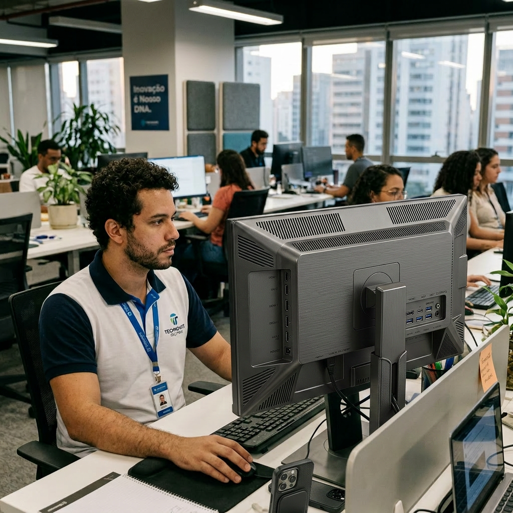 Man working on computer in tech office with colleagues and city view