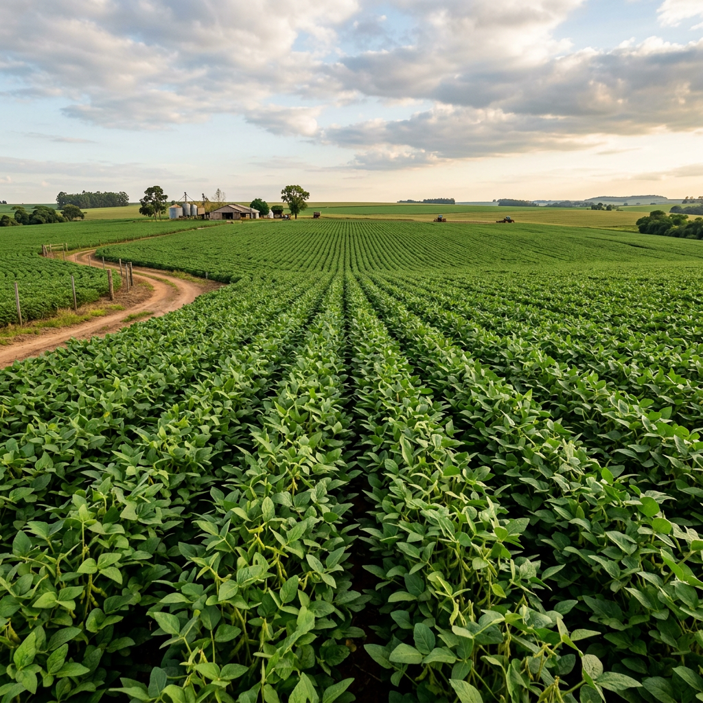 Rows of green soybean plants growing in a large agricultural field with a farmhouse and silos in the background