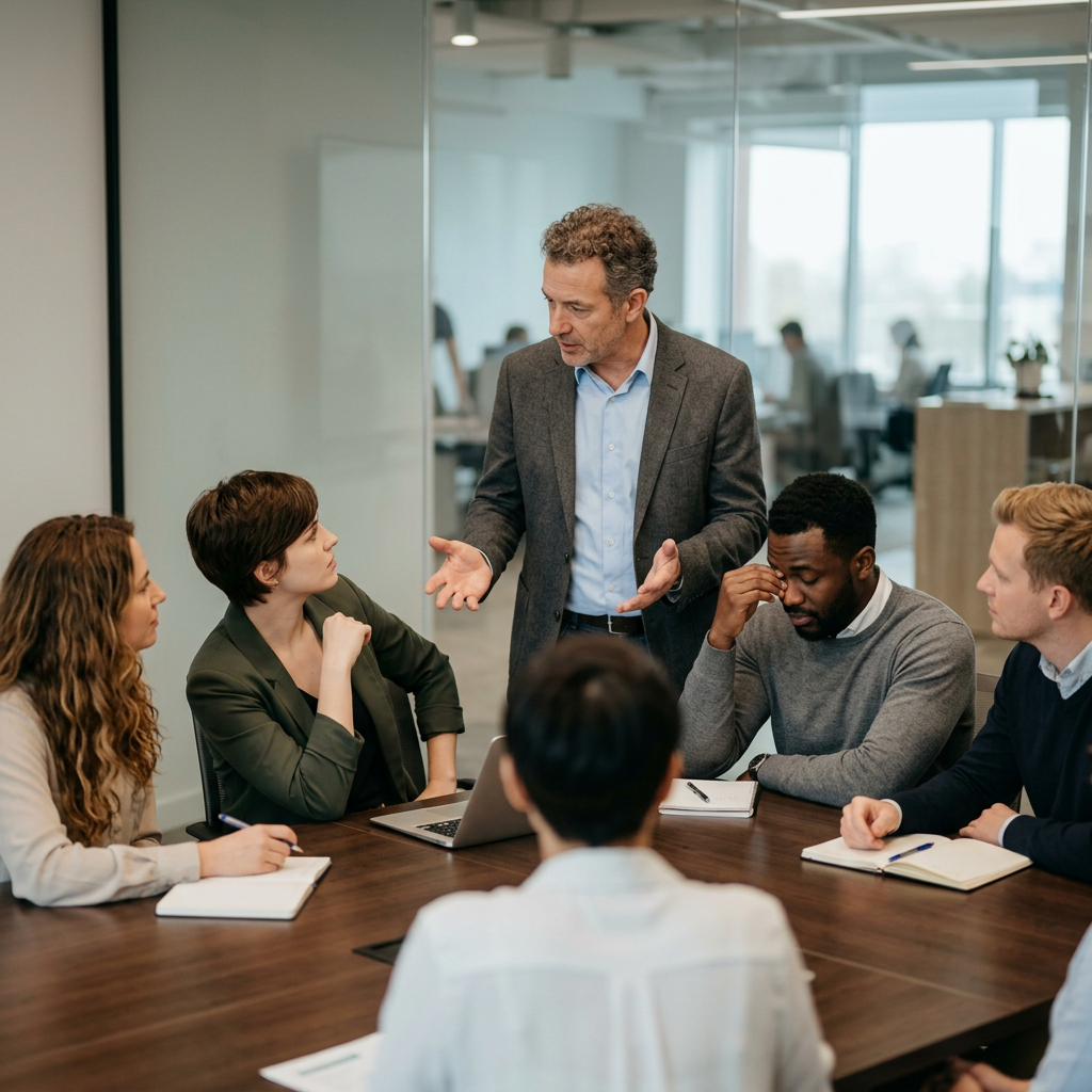 Five people in a business meeting around a table, one man speaking and others listening, one person looking stressed