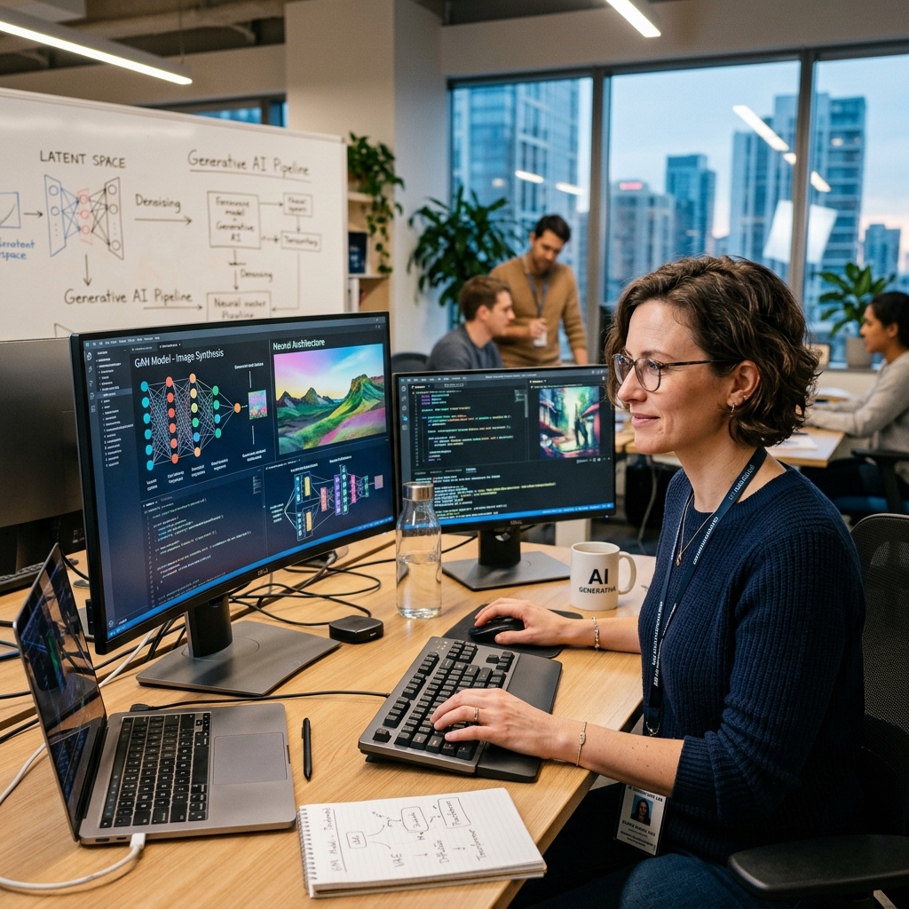 Woman working at dual monitors programming AI image synthesis models in an office