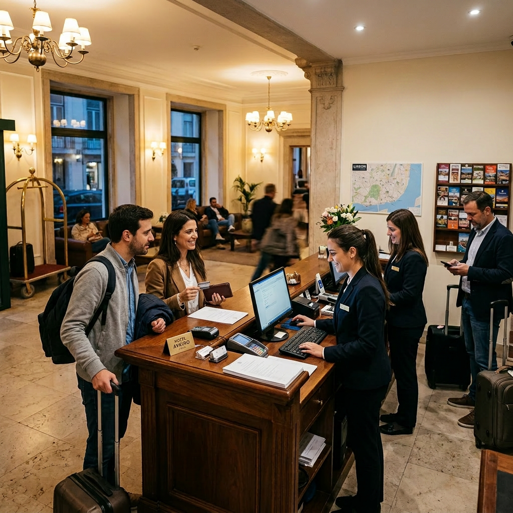 Hotel reception desk with guests checking in and staff assisting