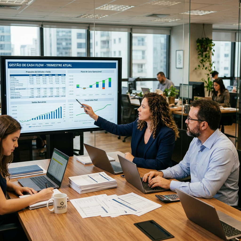 Business team reviewing quarterly cash flow charts and financial data on a large monitor