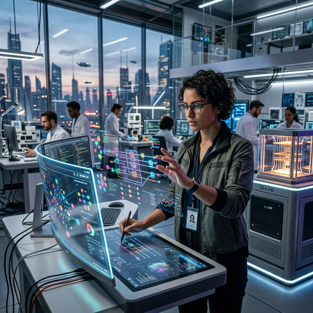 Scientist using holographic quantum computing interface in advanced research lab