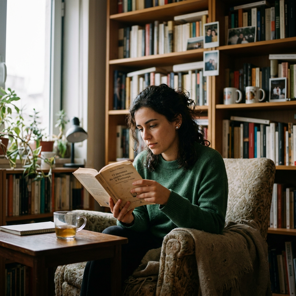 Woman reading a book in a comfortable armchair by a window in a home library