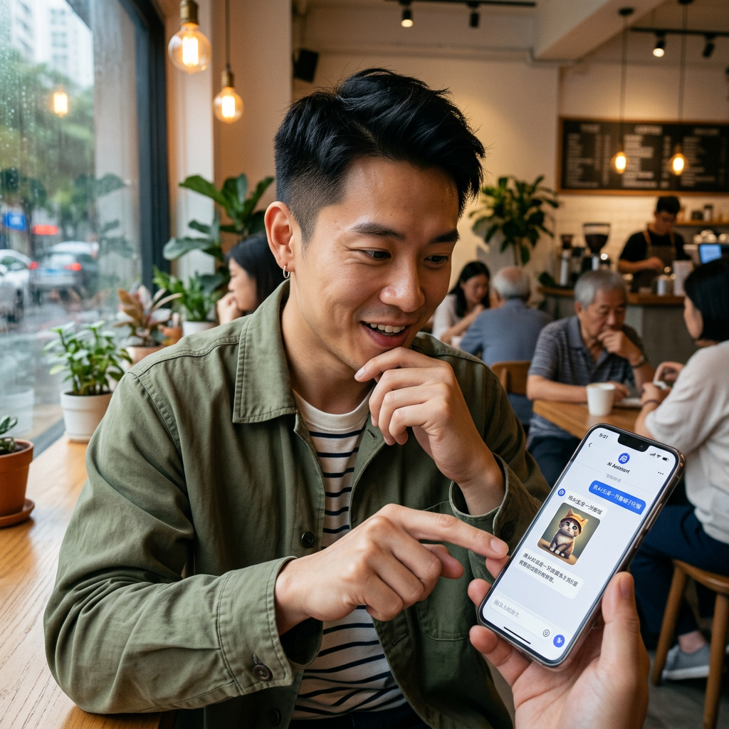 Young man pointing to a smartphone displaying a chat app with an animal avatar