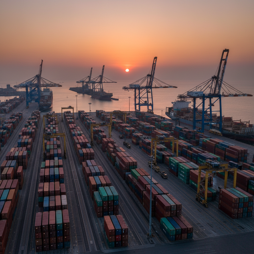 Terminal portuário de contêineres representando a Santos Brasil e o programa trainee 2026