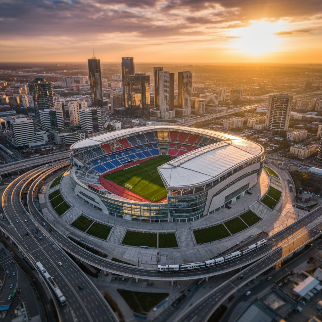 Estádio de futebol moderno ao entardecer representando investimento esportivo e naming rights